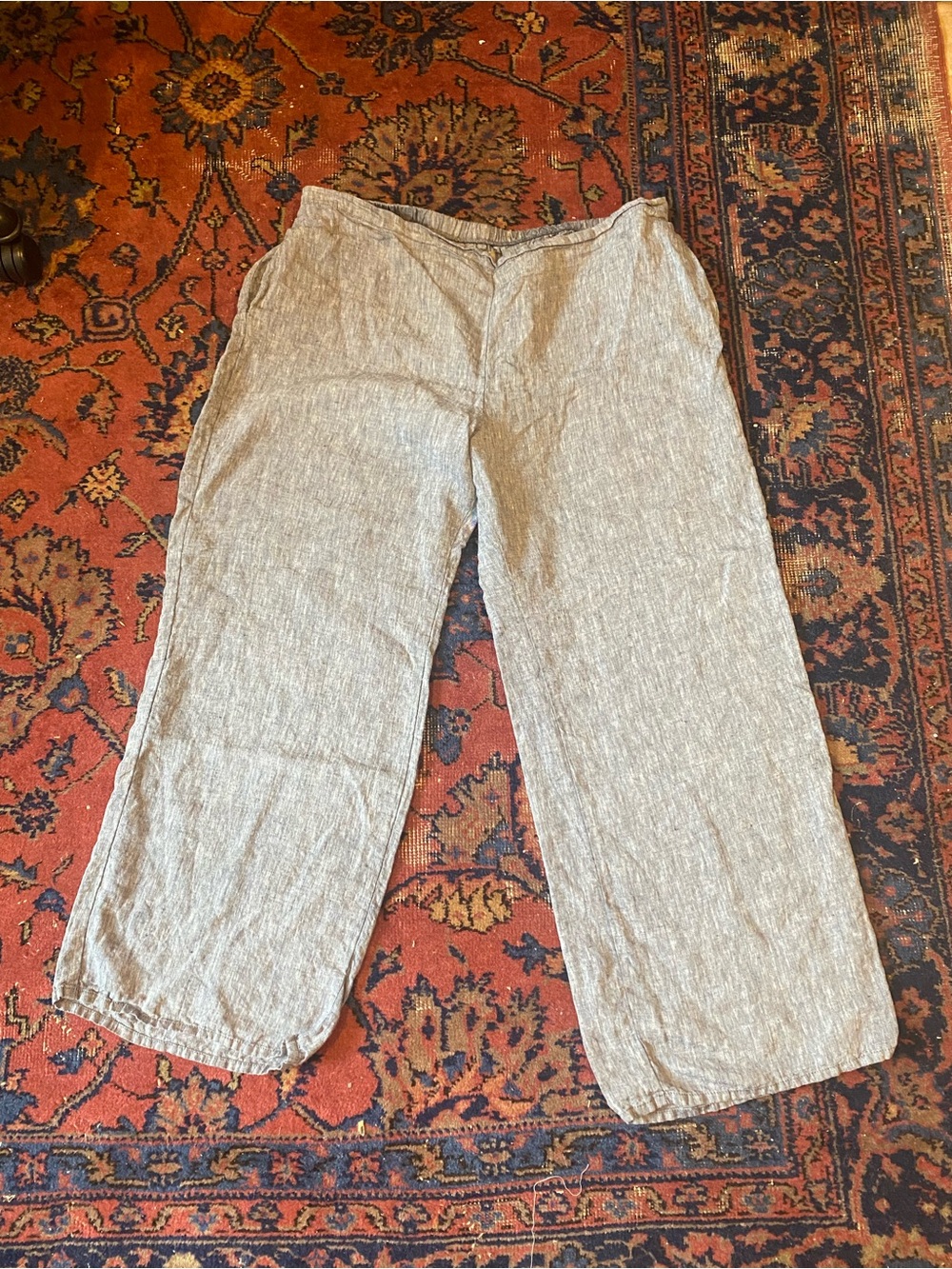 FLAX 100% Linen Wide Leg Pants Large Chambray Blue Pull On Made Lithuania